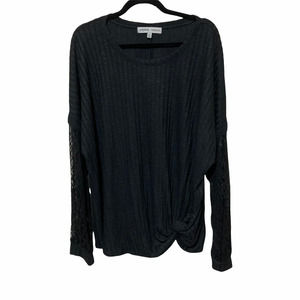 Absolutely Famous Womens Lace Sheer Long Sleeve Knotted Front Blouse 2x Black